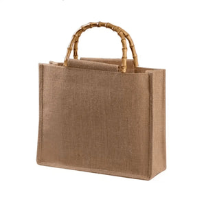 BORSA Juta Con Manici In BAMBOO - Colore: 30x30x19 NATURALE - MANICO BAMBOO - by LacariaRicami.Store