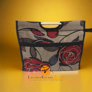BORSA Porta Lavoro Cucito/Maglia/Uncinetto "ROSE" Con Manici In Legno