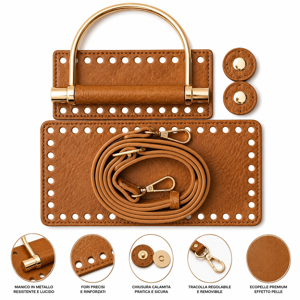 SET BORSA Manico Metal - MAS Srl - Colore: CUOIO - ORO - by LacariaRicami.Store