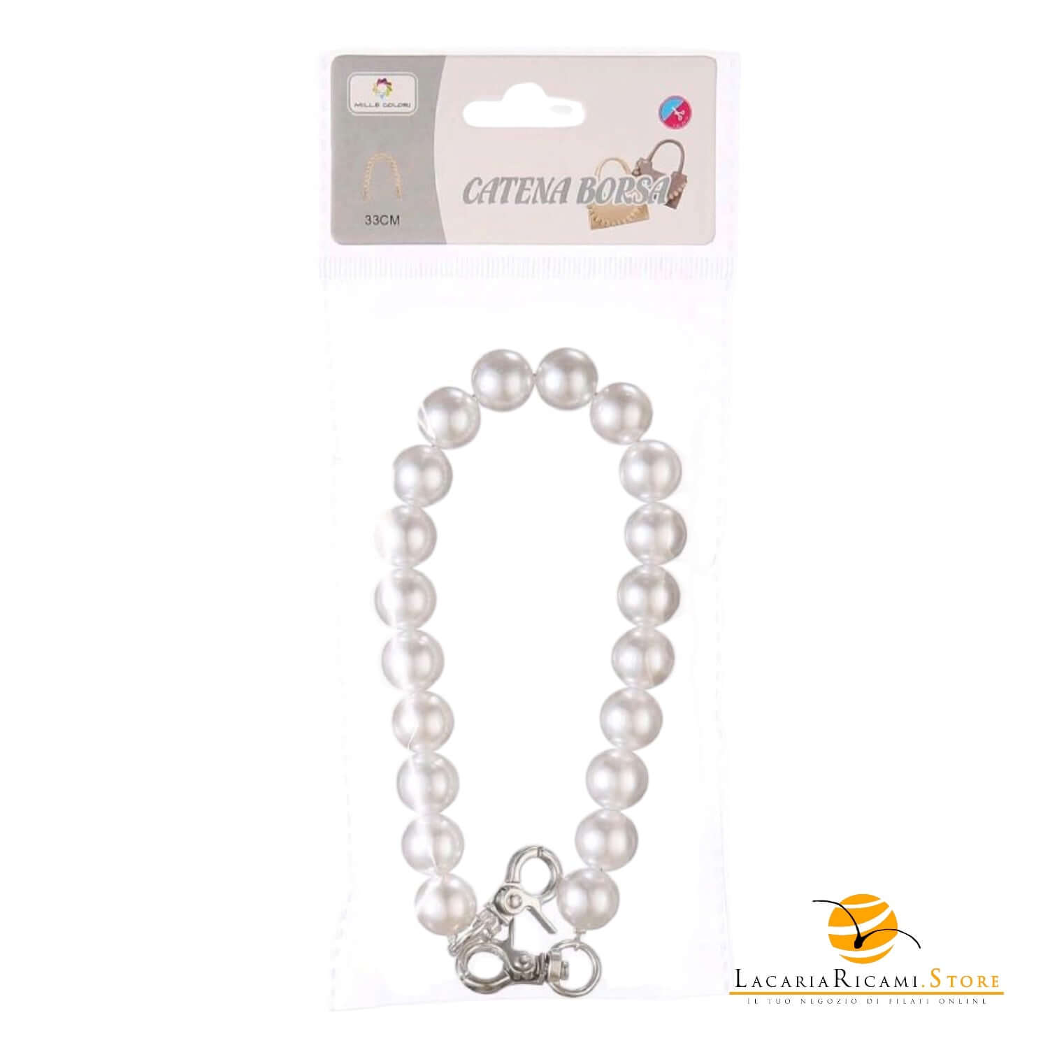 MANICO a Perle Con Moschettone 33cm - Colore: BIANCO ARGENTO - by LacariaRicami.Store