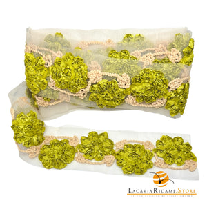 Passamaneria FIORI | Tulle - Colore: VERDE ECRÚ - by LacariaRicami.Store