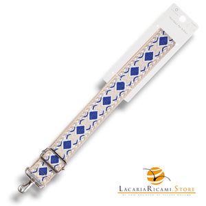 TRACOLLA Colorata Per BORSA LARGA = 38 mm - Colore: 801112 - BLU ROYAL-BIANCO-BEIGE ARGENTO - by LacariaRicami.Store
