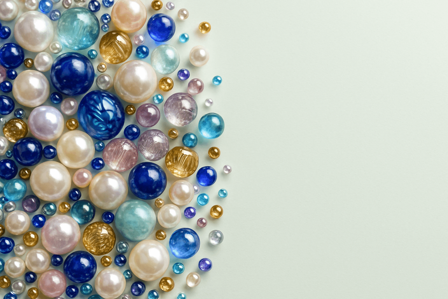 perle e perline di vetro sul lato sinistro di varie misure e colori su sfondo verde chiarissimo e il lato destro libero