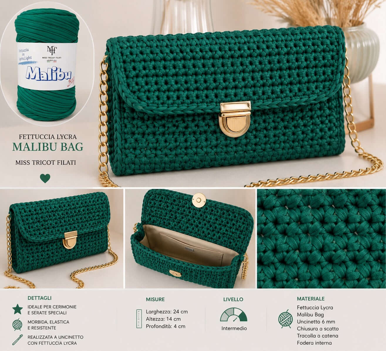 Clutch Smeralda all’Uncinetto con Fettuccia Malibu Bag