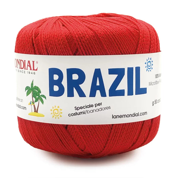 Ball of red yarn for Cotone Brazil MONDIAL knitting and crochet projects