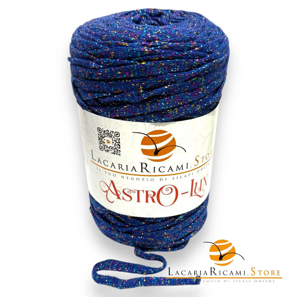 Filato di tendenza FETTUCCIA Astro-LuX con filato blu e multicolori luccicanti