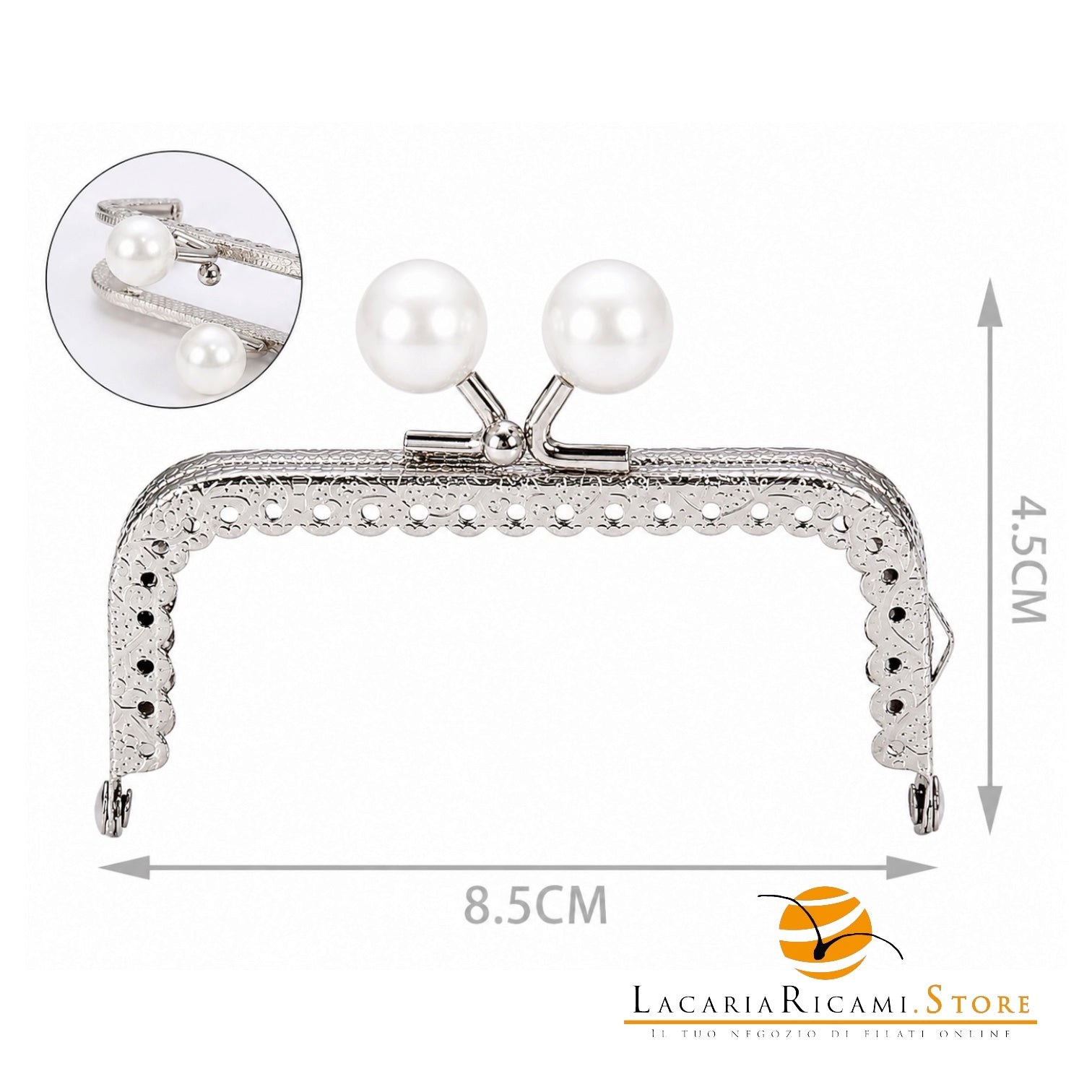 CLIK CLAK Rettangolare ARGENTO Con Perla - Colore: 842185 - 8.5x4.5cm - BIANCO - by LacariaRicami.Store