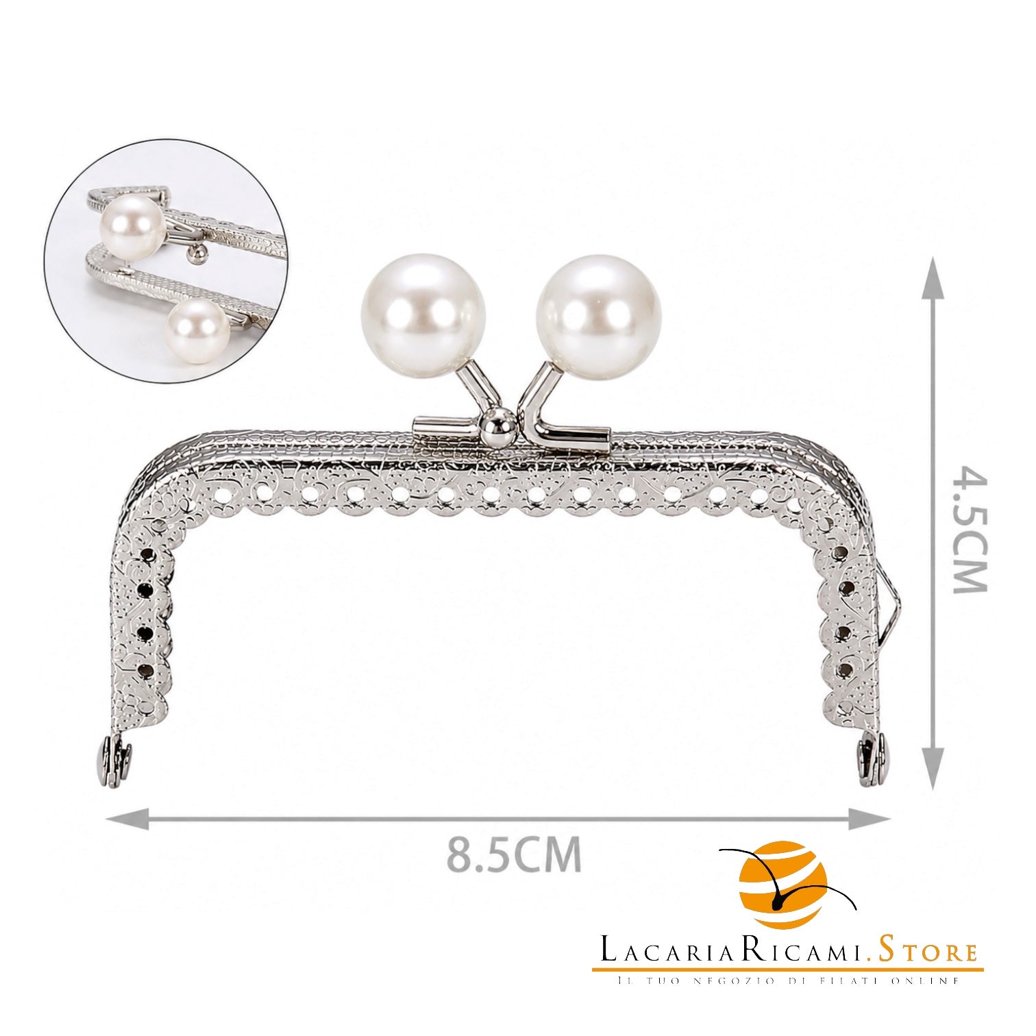 CLIK CLAK Rettangolare ARGENTO Con Perla - Colore: 842185 - 8.5x4.5cm - PERLA - by LacariaRicami.Store