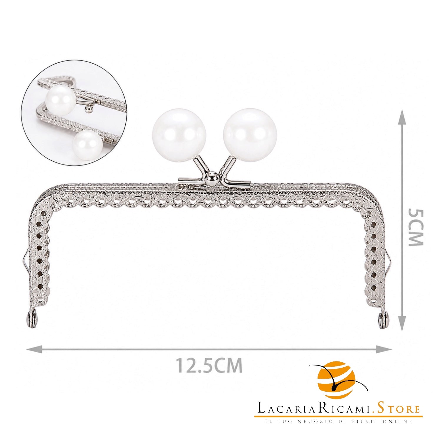 CLIK CLAK Rettangolare ARGENTO Con Perla - Colore: 842187 - 12.5x5cm - BIANCO - by LacariaRicami.Store