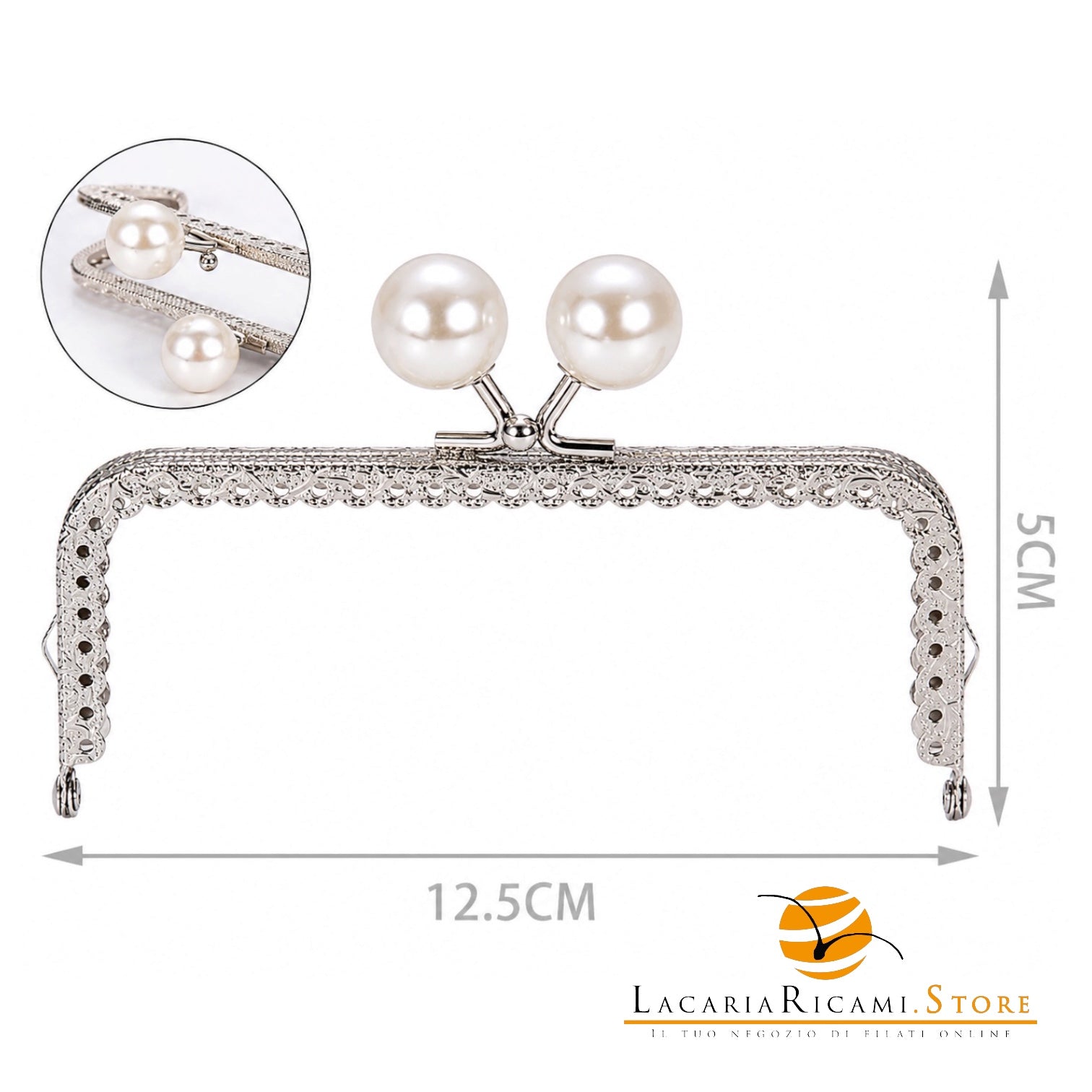 CLIK CLAK Rettangolare ARGENTO Con Perla - Colore: 842187 - 12.5x5cm - PERLA - by LacariaRicami.Store