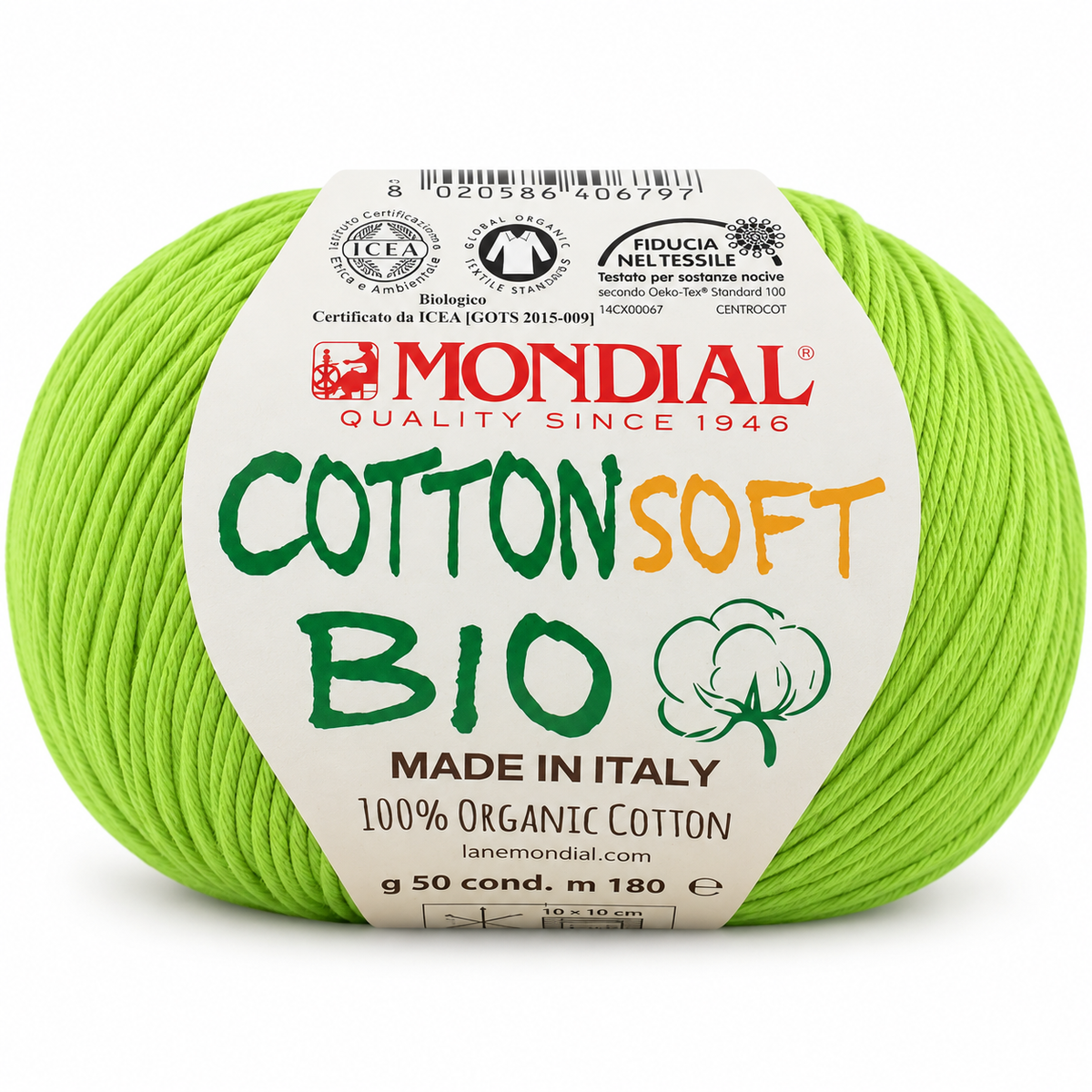 Cotone COTTON SOFT BIO - MONDIAL - Colore: 145 - VERDE ACIDO - by LacariaRicami.Store
