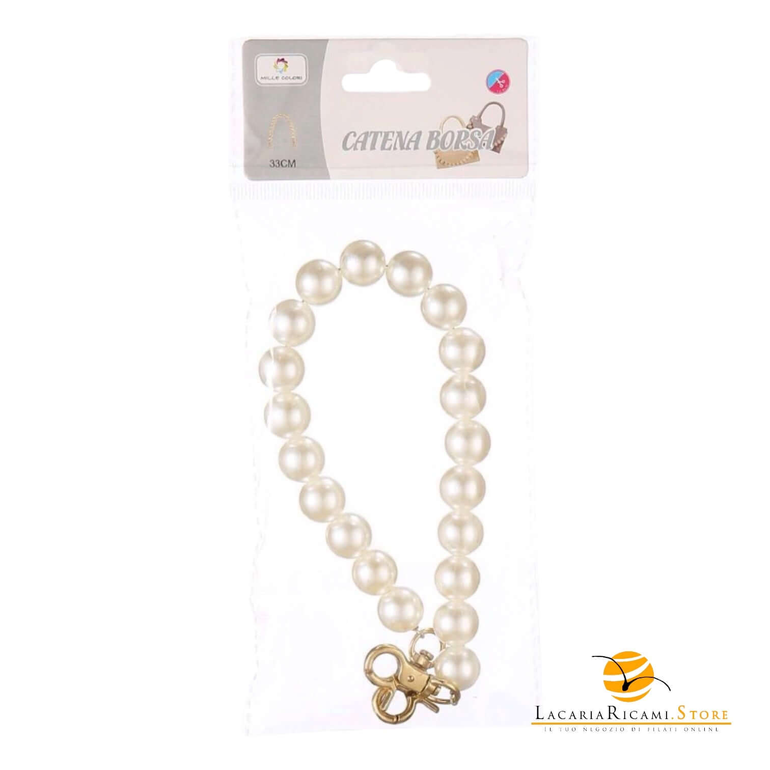 MANICO a Perle Con Moschettone 33cm - Colore: PANNA ORO - by LacariaRicami.Store