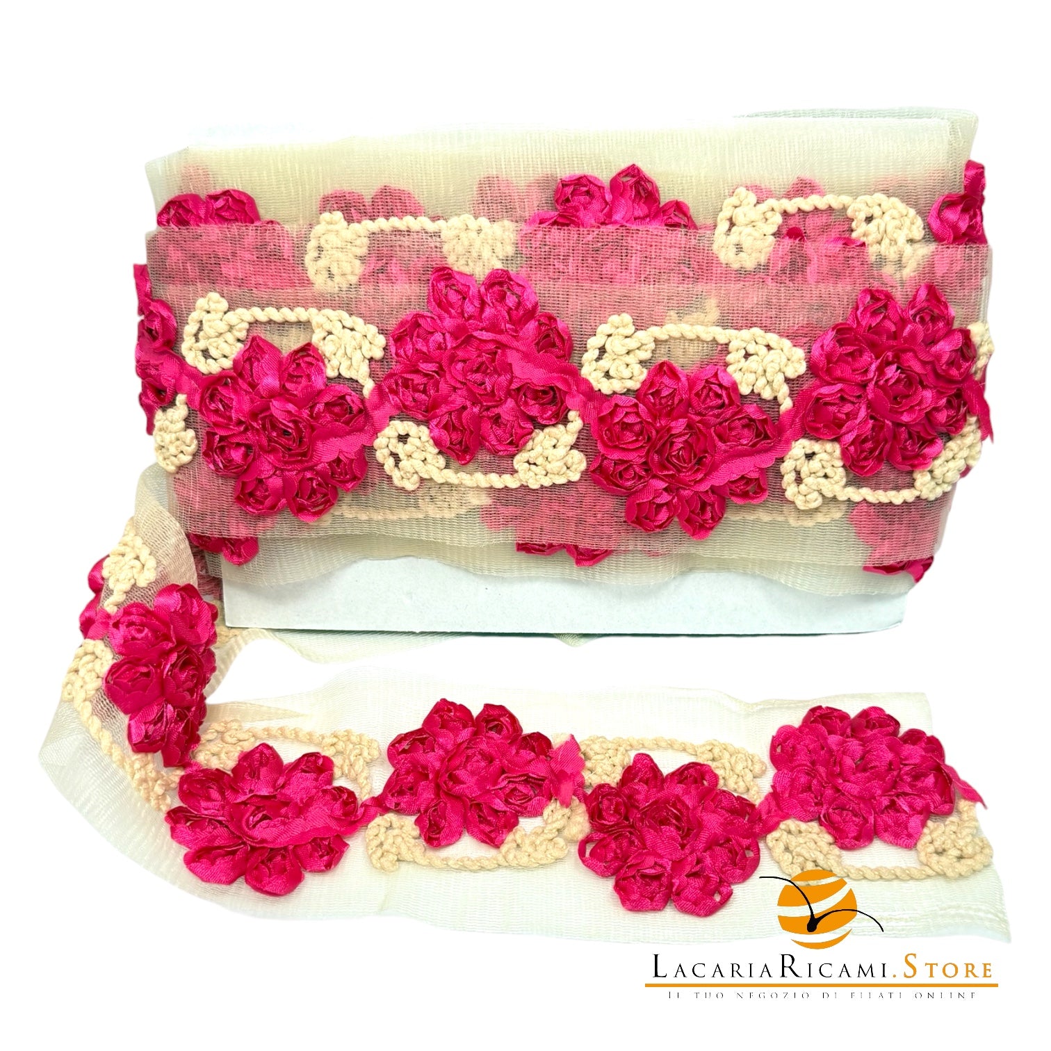 Passamaneria FIORI | Tulle - Colore: FUCSIA ECRÚ - by LacariaRicami.Store