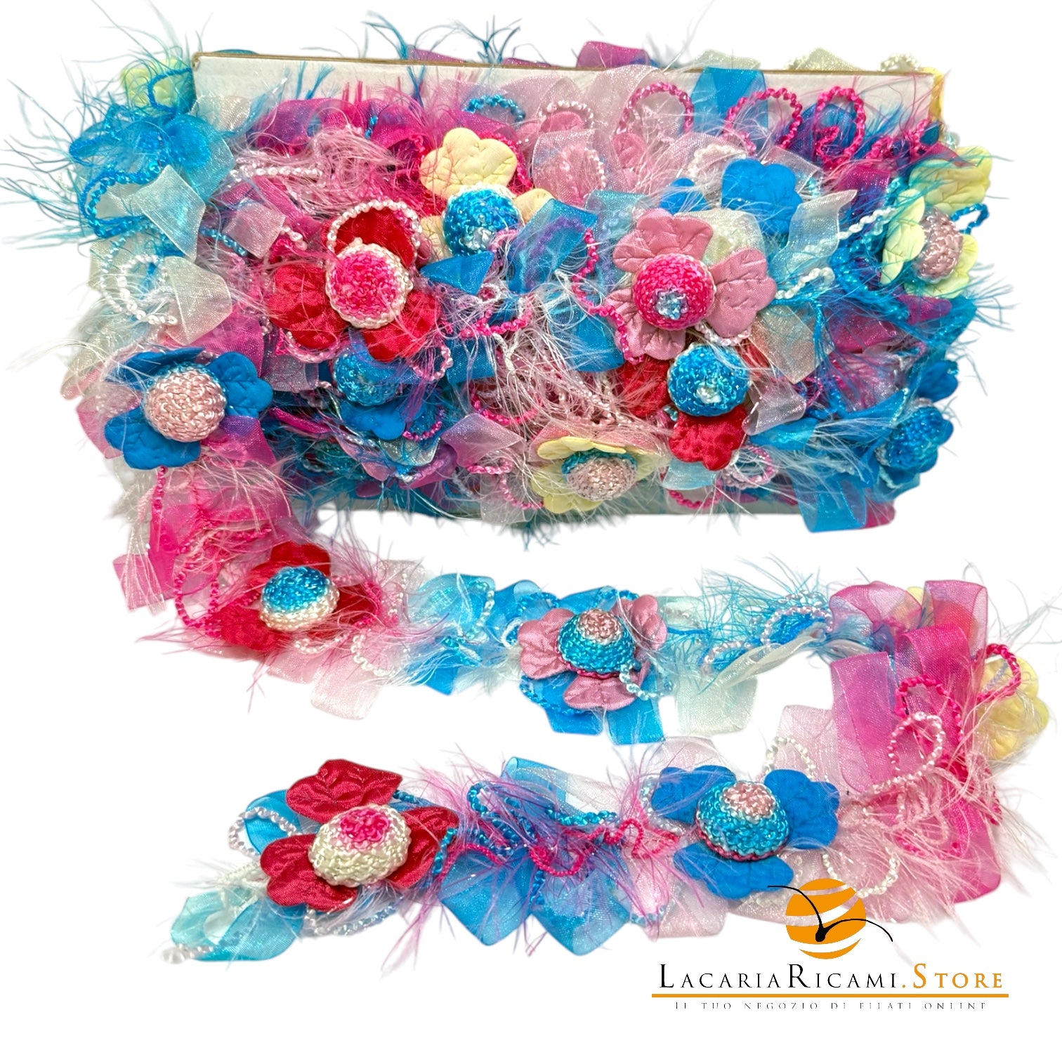 Passamaneria FIORI Color Tridimensionali | Elastica - Colore: ROSA CELESTE FUCSIA - by LacariaRicami.Store