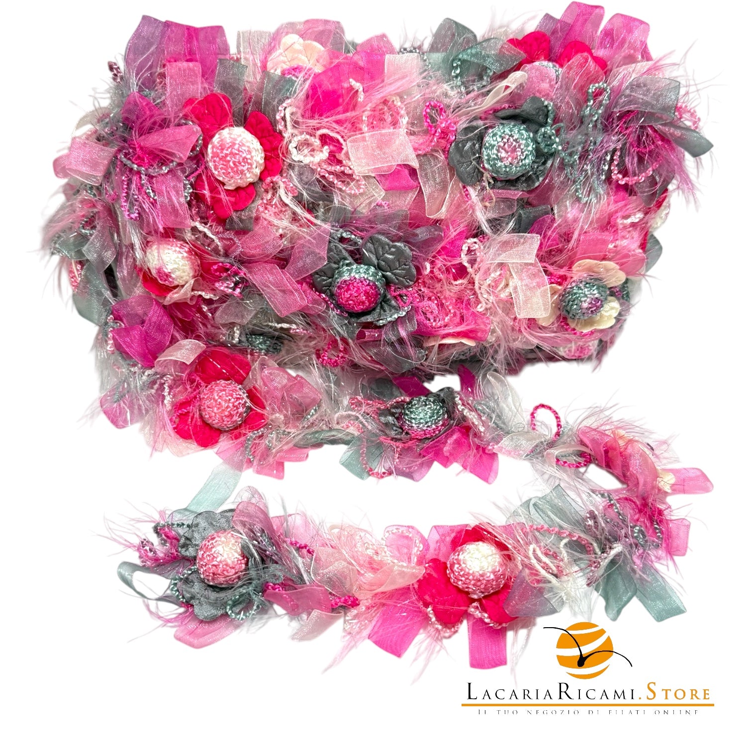 Passamaneria FIORI Color Tridimensionali | Elastica - Colore: ROSSO GRIGIO FUCSIA - by LacariaRicami.Store