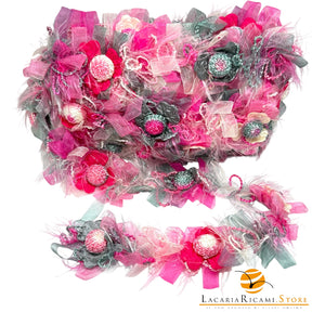 Passamaneria FIORI Color Tridimensionali | Elastica - Colore: ROSSO GRIGIO FUCSIA - by LacariaRicami.Store