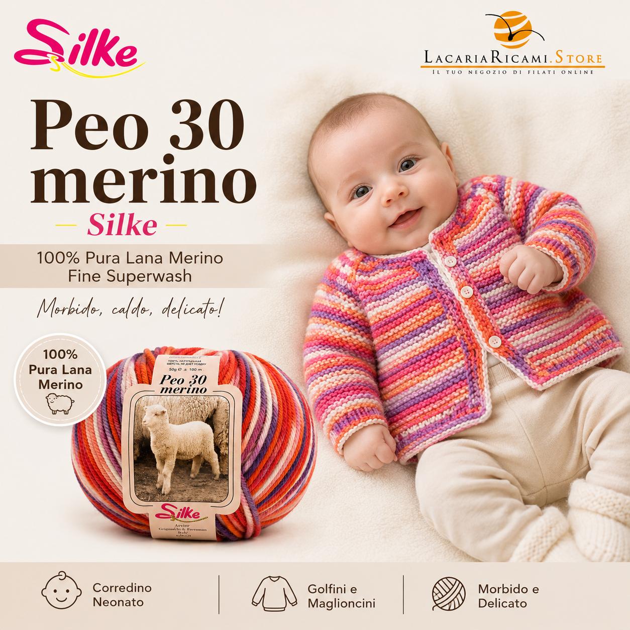 Lana BABY PEO 30 Merino COLOR - Silke - Colore: - by LacariaRicami.Store