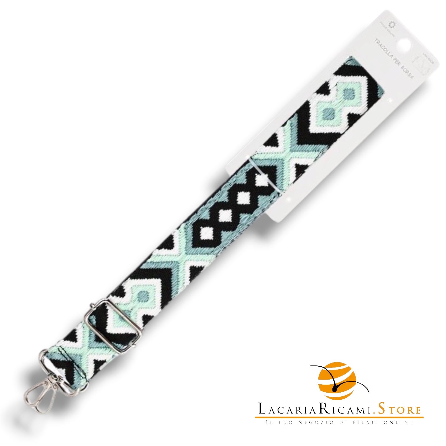 TRACOLLA Colorata Per BORSA LARGA = 38 mm - Colore: 801108 - BIANCO-NERO-VERDE ACQUA ARGENTO - by LacariaRicami.Store