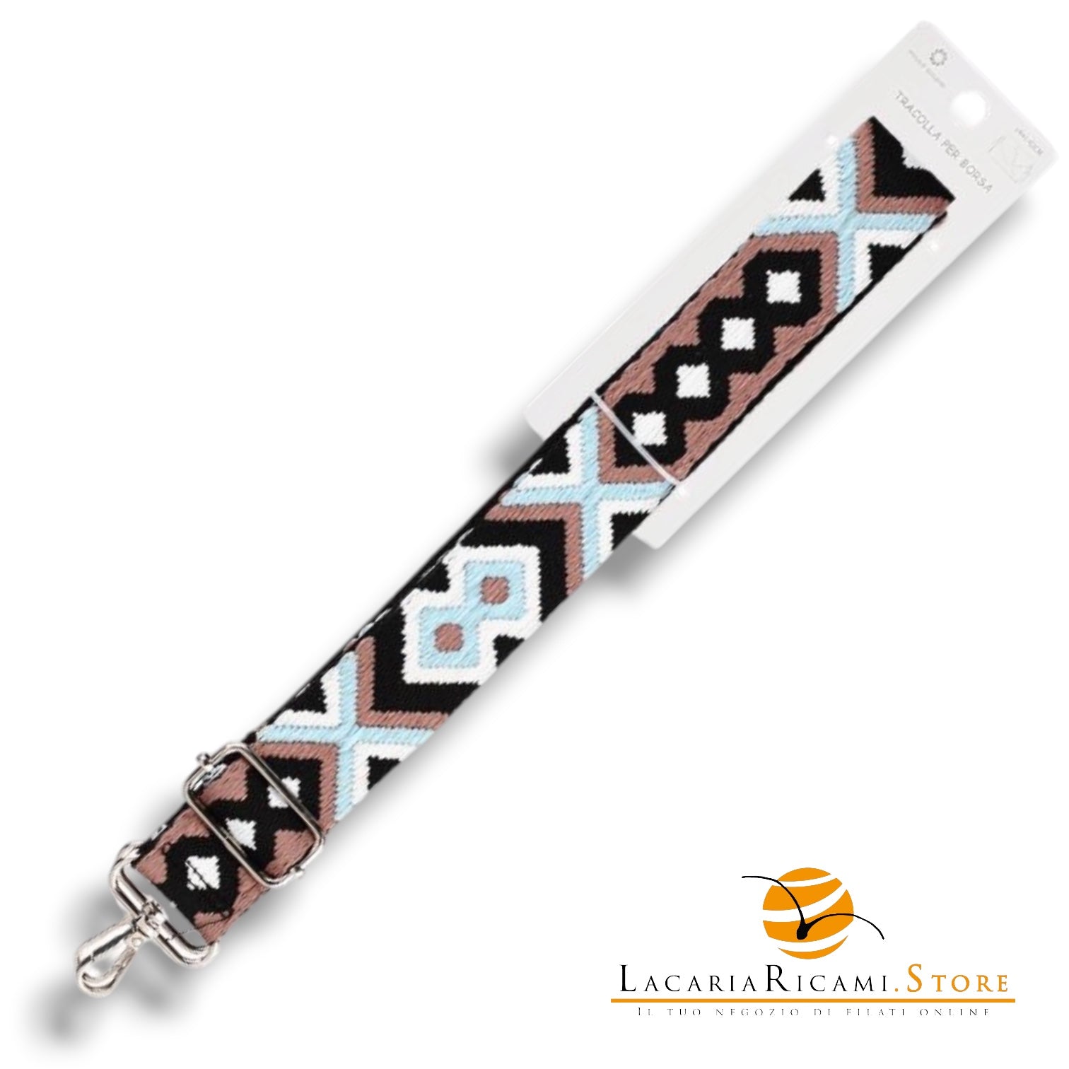 TRACOLLA Colorata Per BORSA LARGA = 38 mm - Colore: 801108 - MARRONE-CELESTE-BIANCO-NERO ARGENTO - by LacariaRicami.Store