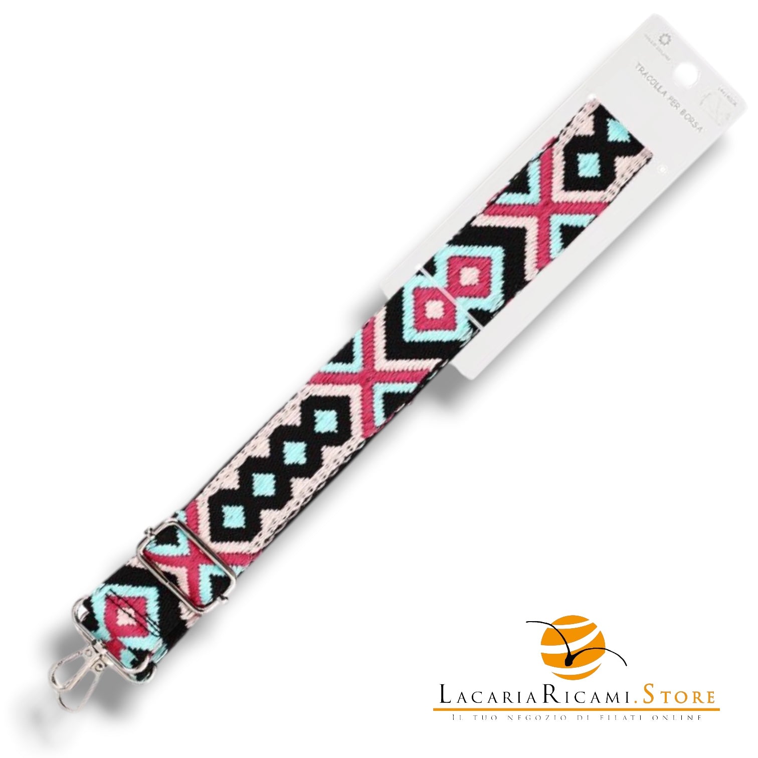 TRACOLLA Colorata Per BORSA LARGA = 38 mm - Colore: 801108 - ROSA-FUCSIA-CELESTE-NERO ARGENTO - by LacariaRicami.Store