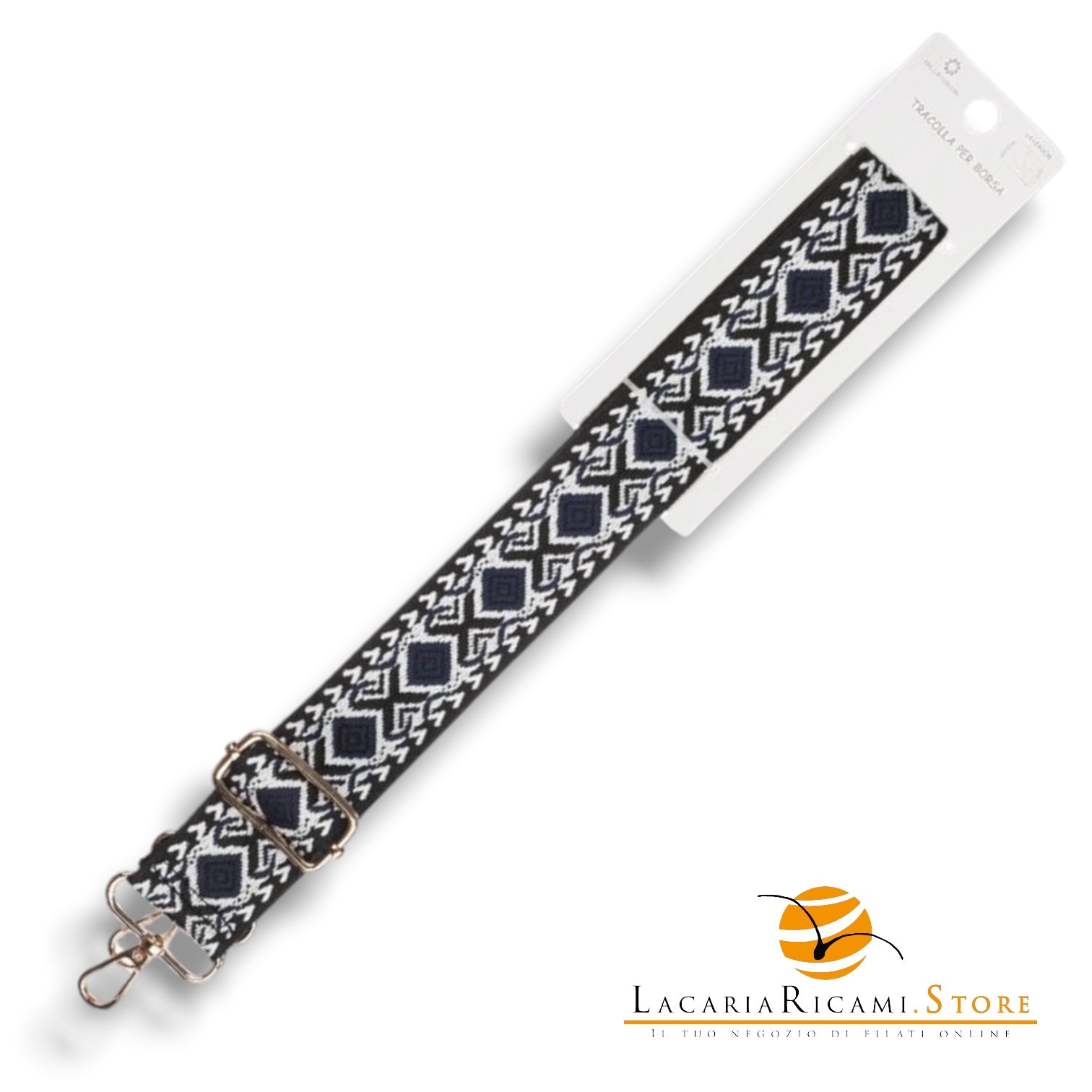 TRACOLLA Colorata Per BORSA LARGA = 38 mm - Colore: 801111 - BLU NOTTE-BIANCO-NERO ORO - by LacariaRicami.Store