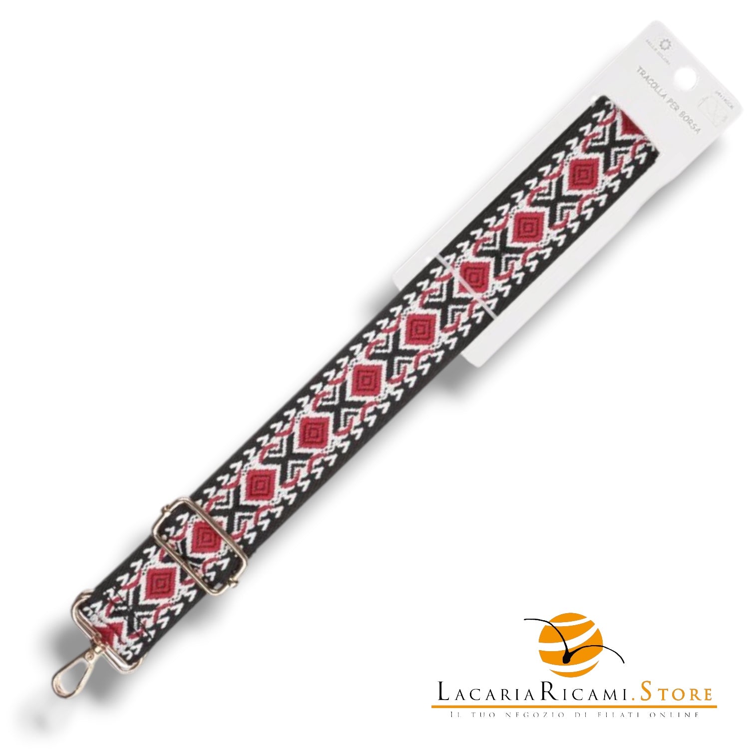 TRACOLLA Colorata Per BORSA LARGA = 38 mm - Colore: 801111 - ROSSO-BIANCO-NERO ORO - by LacariaRicami.Store