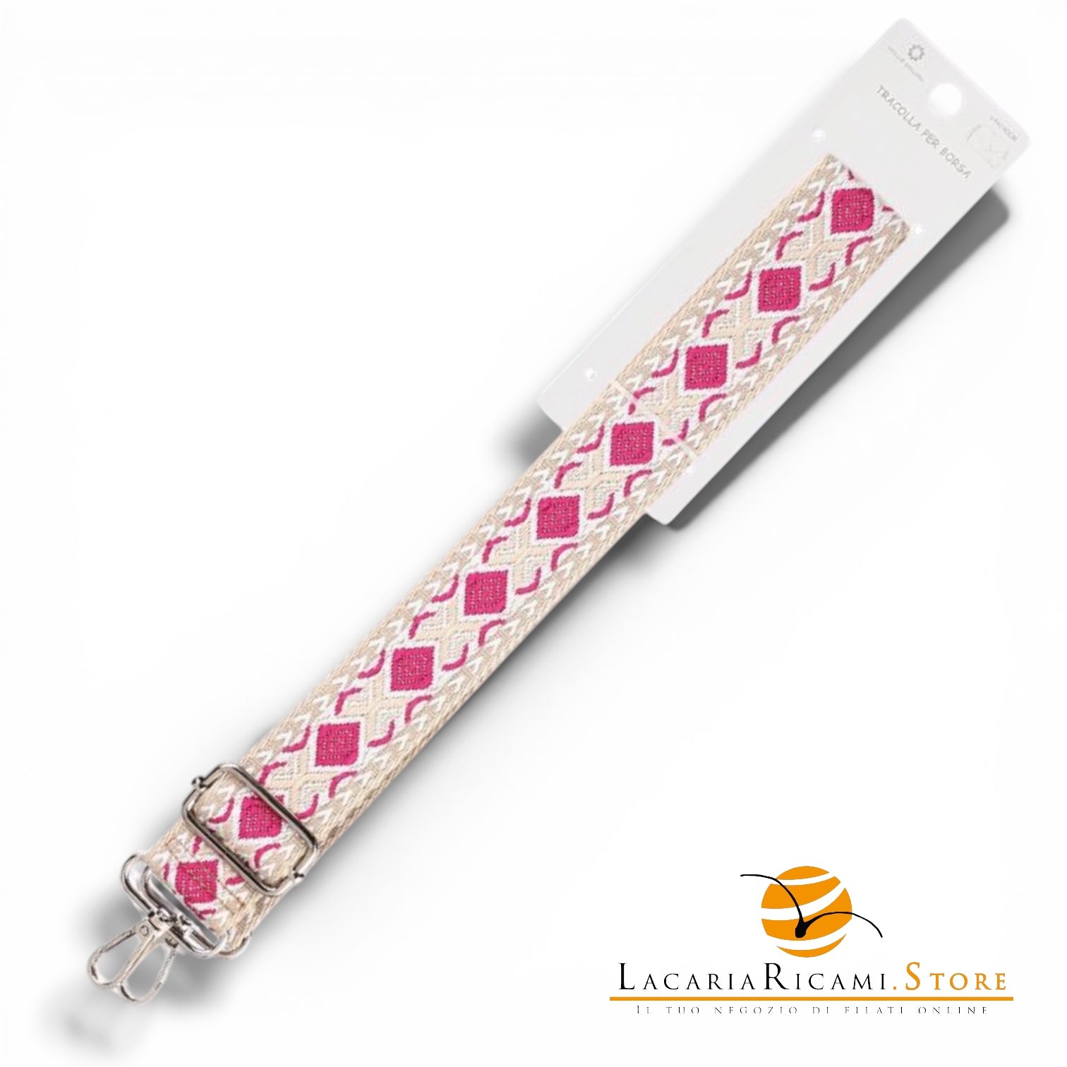 TRACOLLA Colorata Per BORSA LARGA = 38 mm - Colore: 801112 - FUCSIA-BIANCO-BEIGE ARGENTO - by LacariaRicami.Store