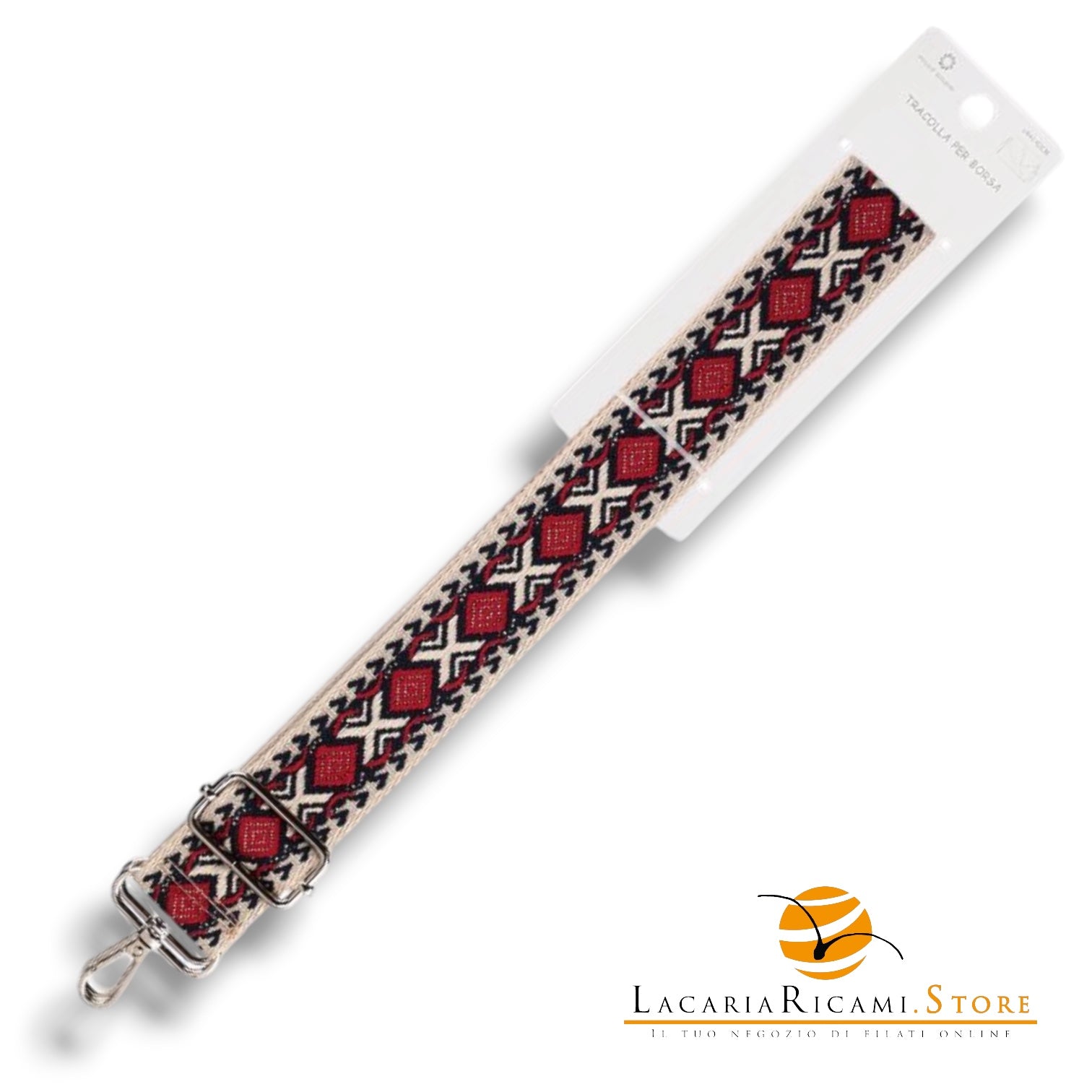 TRACOLLA Colorata Per BORSA LARGA = 38 mm - Colore: 801112 - ROSSO-BLU-BEIGE ARGENTO - by LacariaRicami.Store