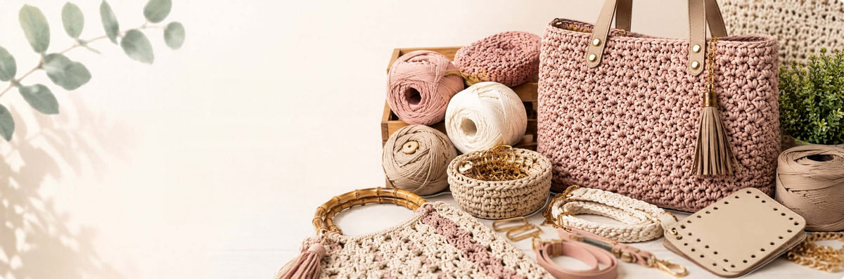 Borsa all'uncinetto con filati e accessori per borse